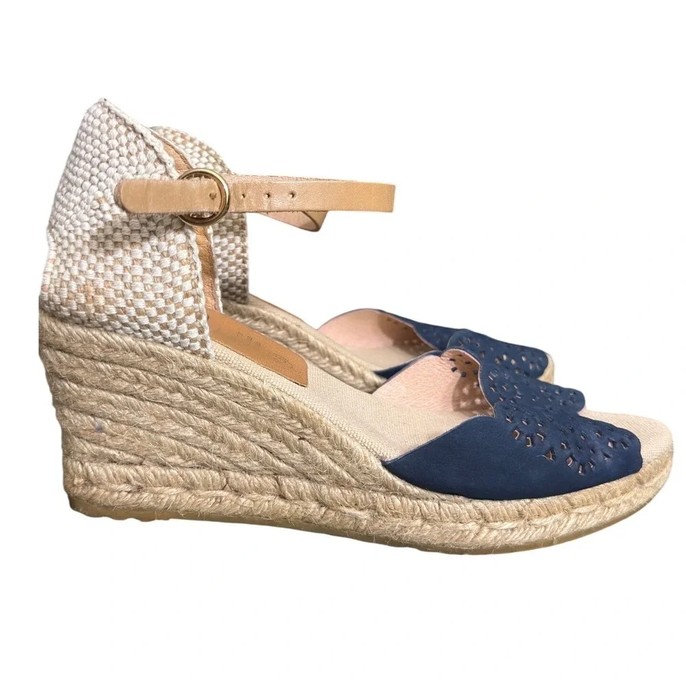 Kanna Navy Blue Suede Scalloped‎ Espadrille Wedge Sandals Spain Women 7.5 EU 38